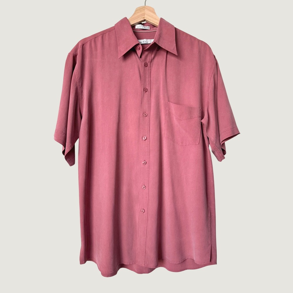 Burma Bibas Mens 100% Silk Short Sleeve Button Down Shirt Mauve Pink Party M